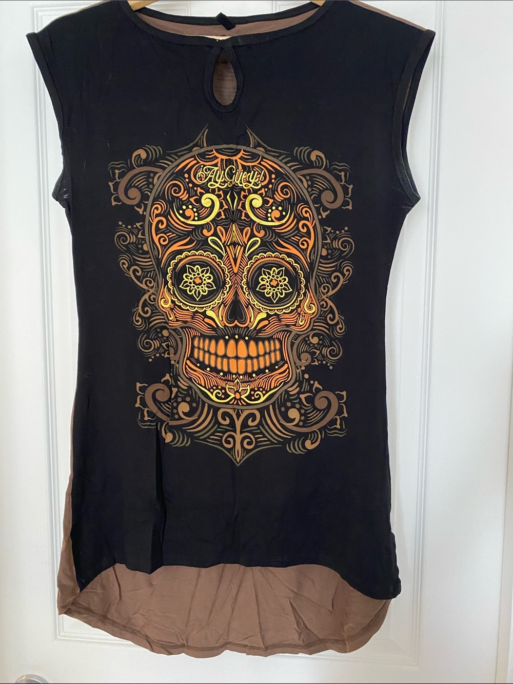 NWOT Black Sleeveless Sugar Skull Tunic with Brown Hem